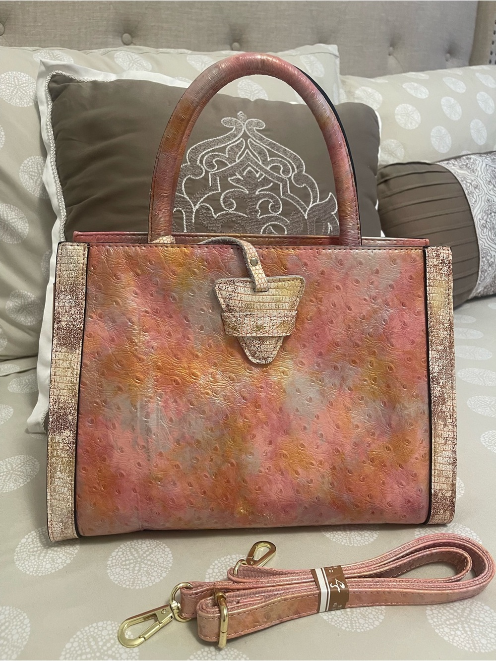 Multitone Pink-Tan Ostrich-Texture Satchel with Removable Strap